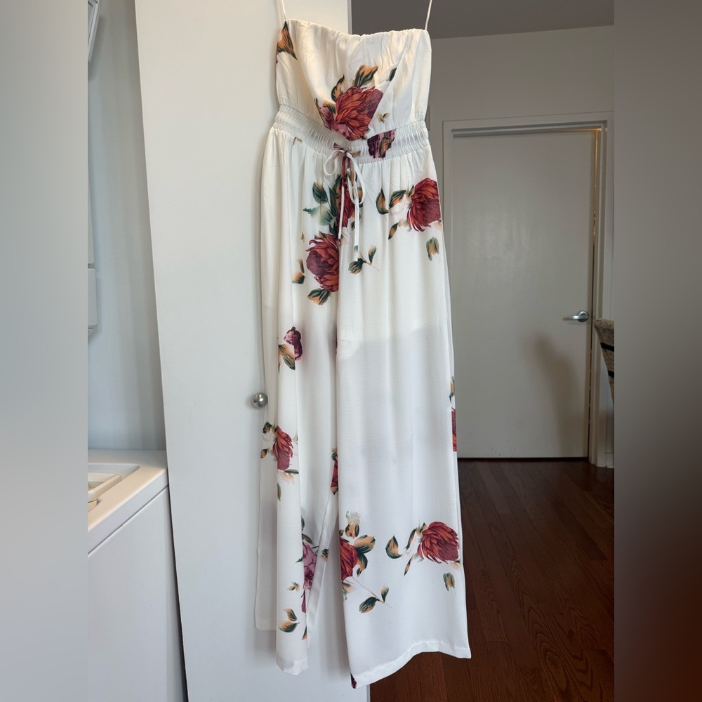 NEVER WORN: Hello Molly Strapless White and Pink Floral Jumpsuit